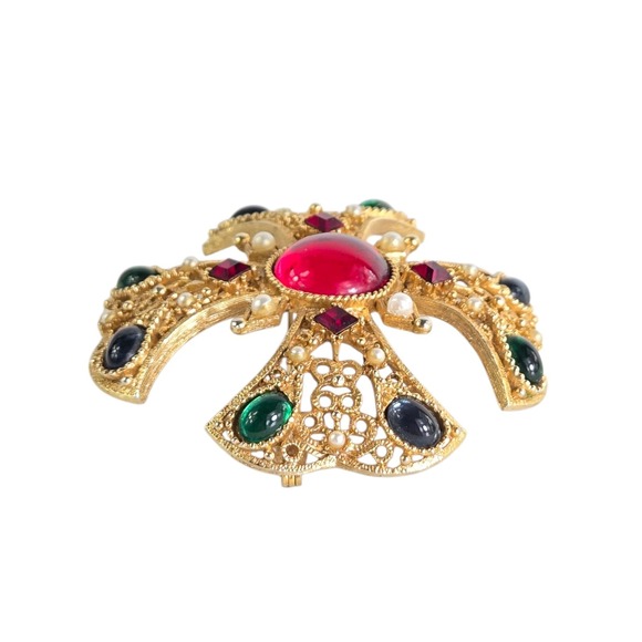 Maltese Cross Brooch Pendant Goldtone Gripoix Glass Emerald Pearl‎ Open Back Vtg - Picture 5 of 8